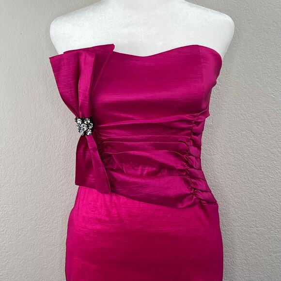 VTG Rory USA Fuchsia Pink Satin Strapless Bow Bodycon Party Mini Dress Junior XS - Picture 4 of 15